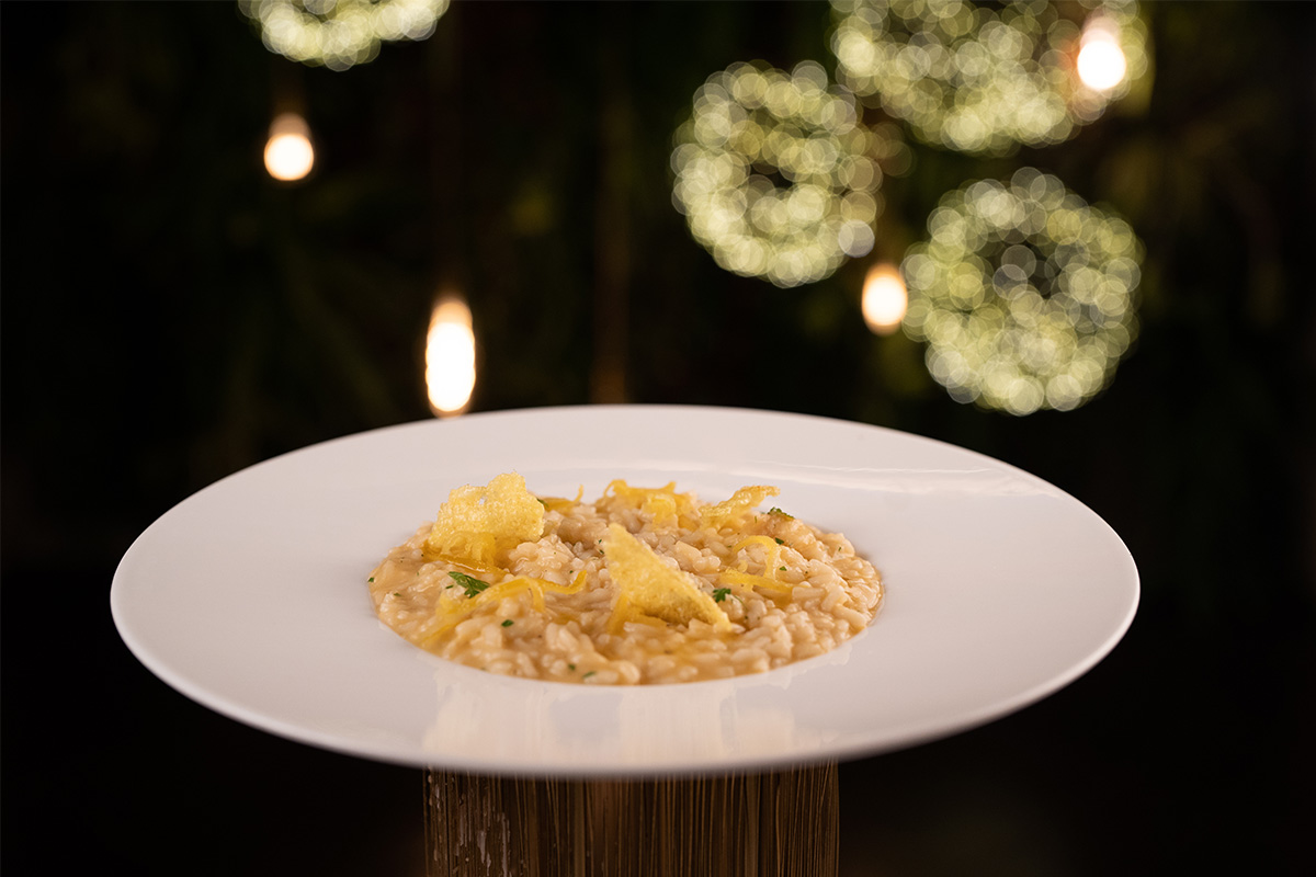 Risotto gourmet servito su piatto bianco con chips croccanti e luci decorative sullo sfondo.