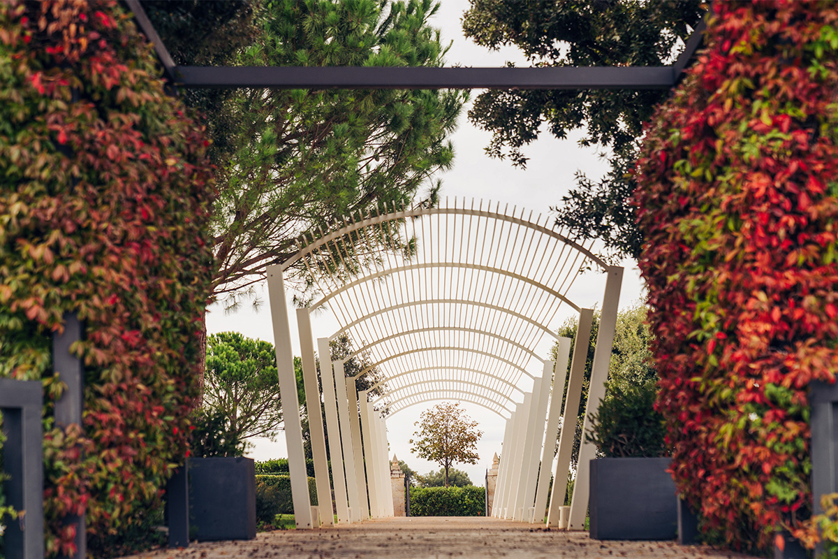 Viale con pergolato bianco nel giardino, incorniciato da fiori rossi.
