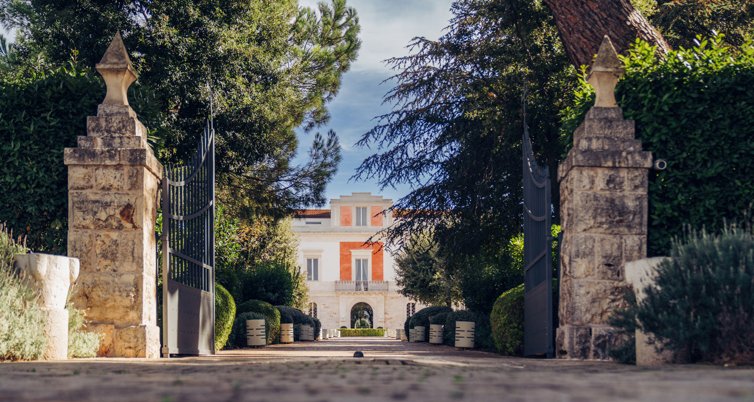 Ingresso alberato de Il Santissimo a Turi con viale verso il palazzo e il ristorante.